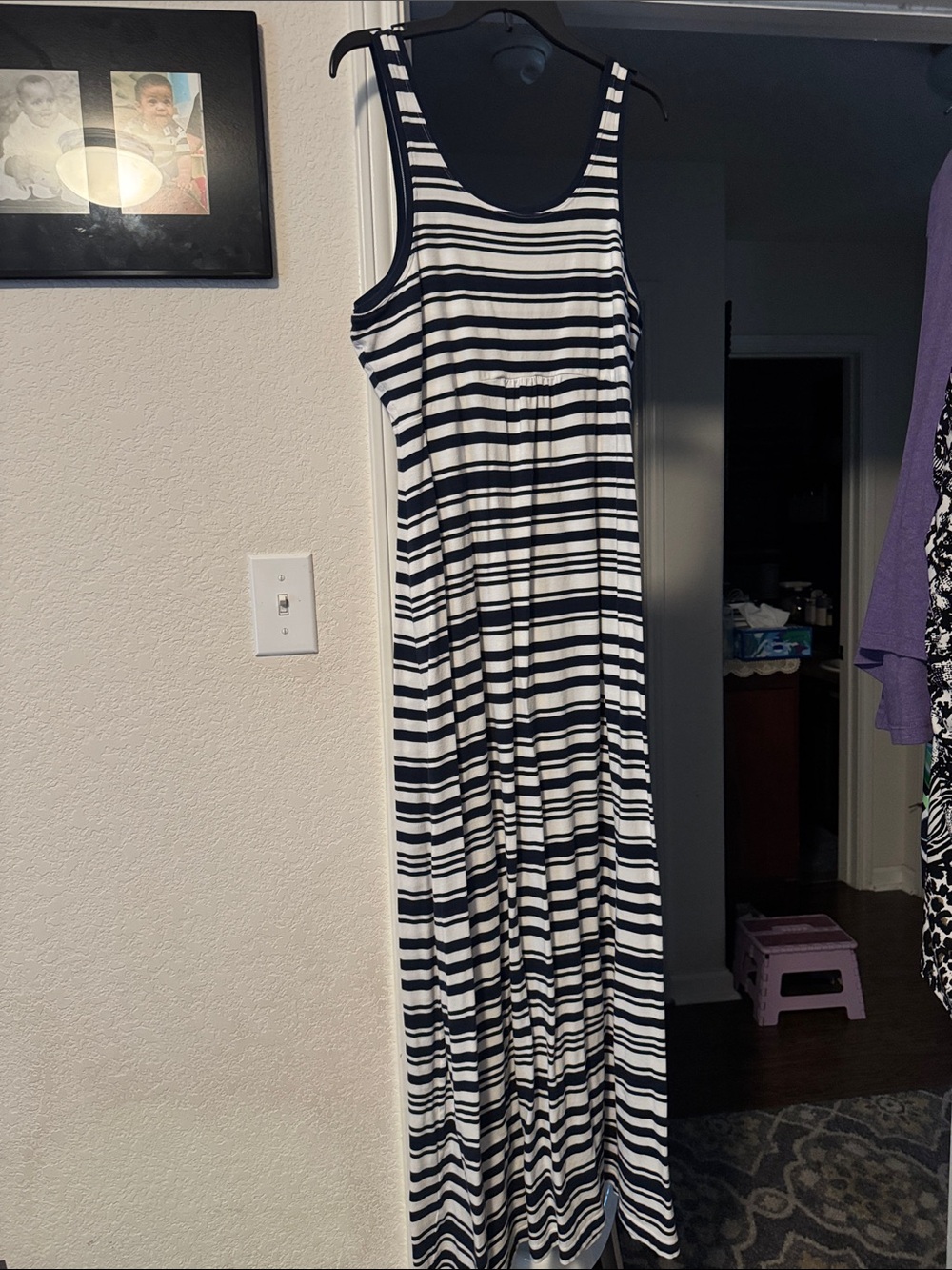 Striped Navy and White Sleeveless Maxi Dress